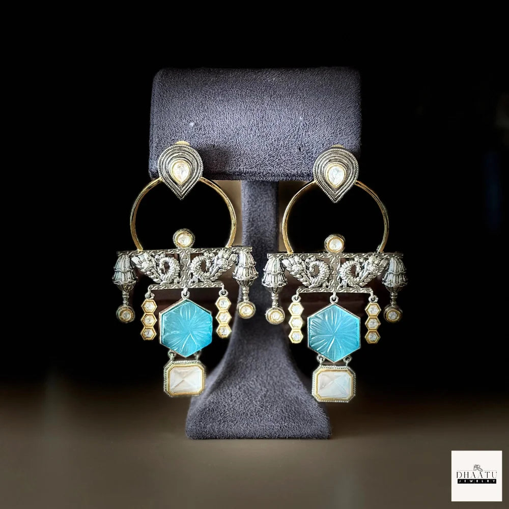 Kundan Polki & Carved Stone Oxidized Fusion Drop Earrings