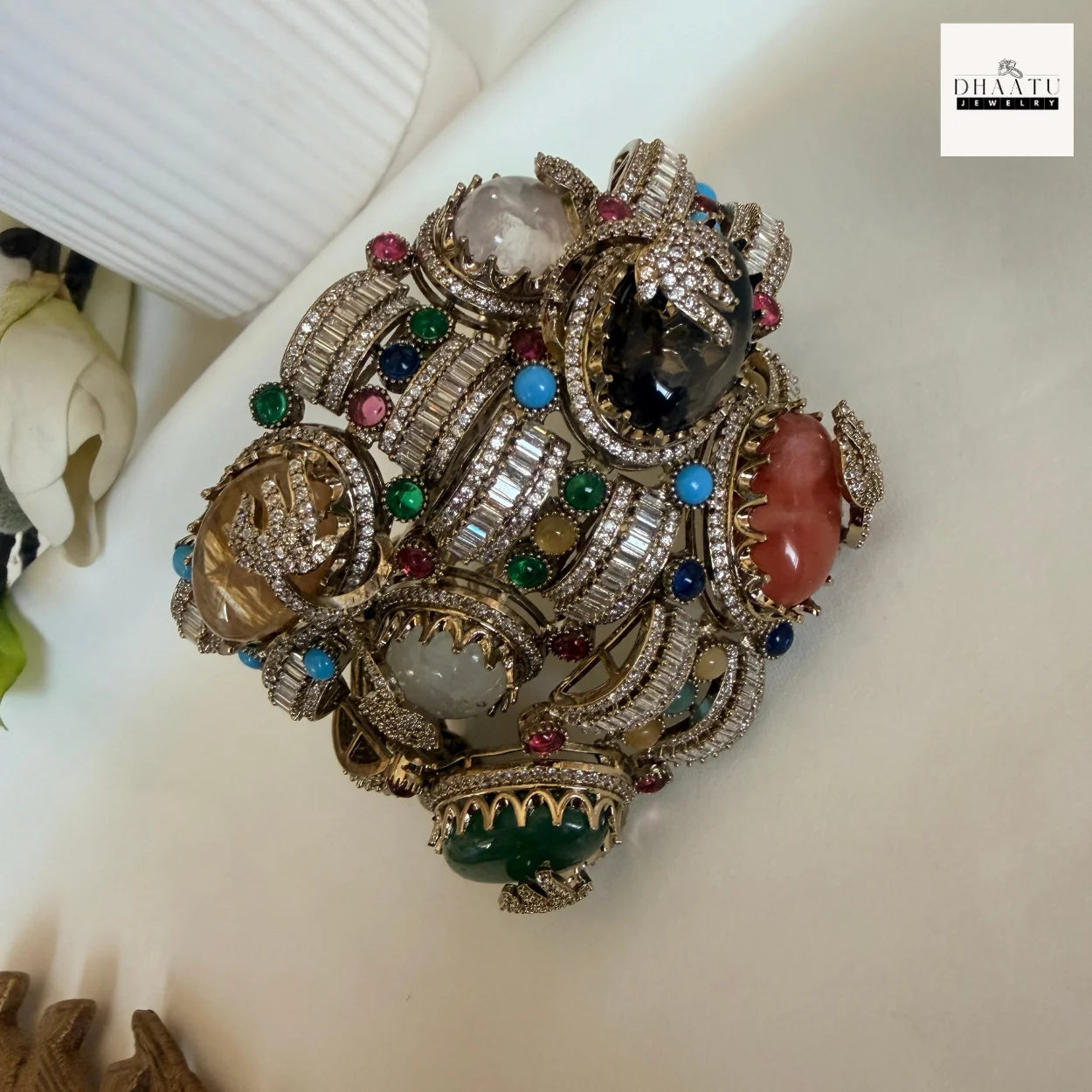 Rivaayat Antique Victorian Brass Cuff Bracelet with Multi-Color Doublet Stones