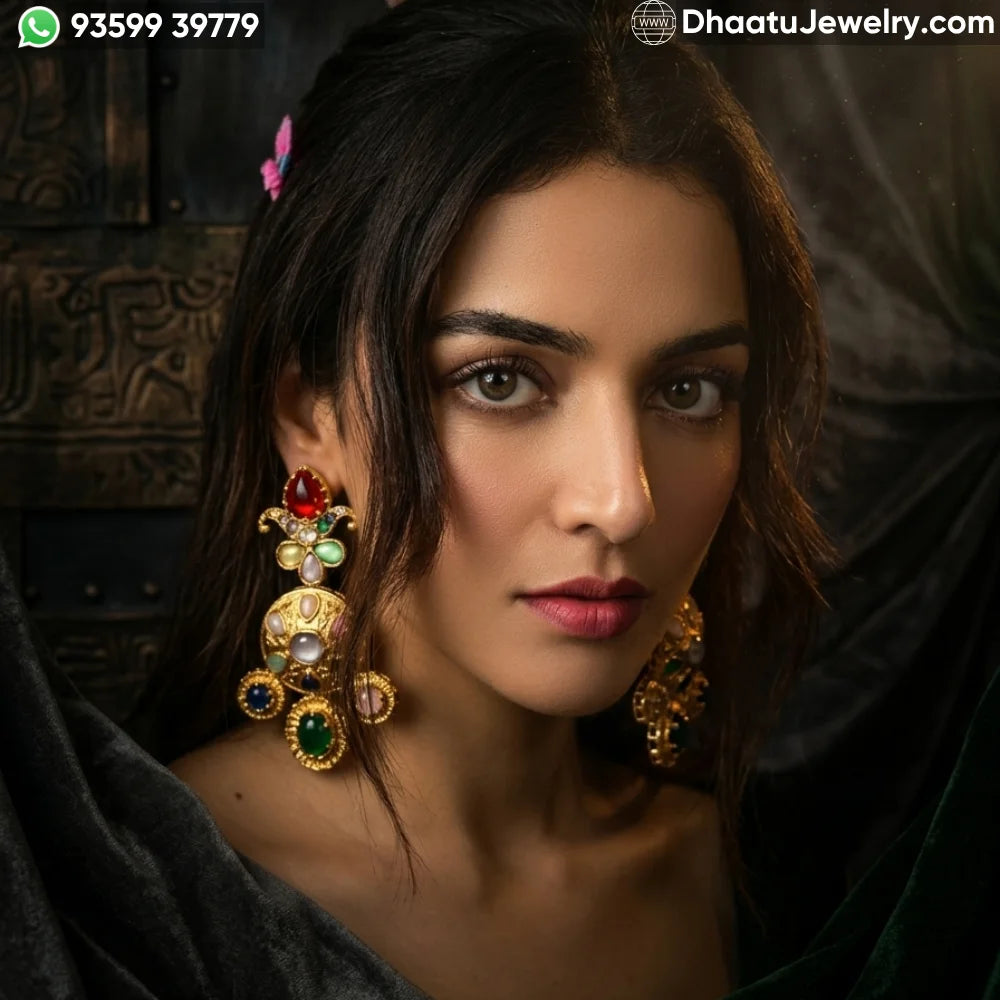Multi-Color Doublet Semi-Precious Stone Gold-Plated Statement Earrings – Vintage Royal Indian Chandbali Style
