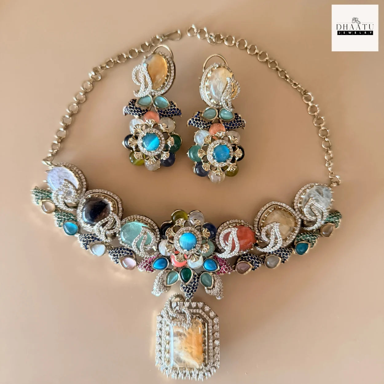Rivaayat Antique Victorian Choker Set with Multi-Color Doublet Stones & Matching Earrings