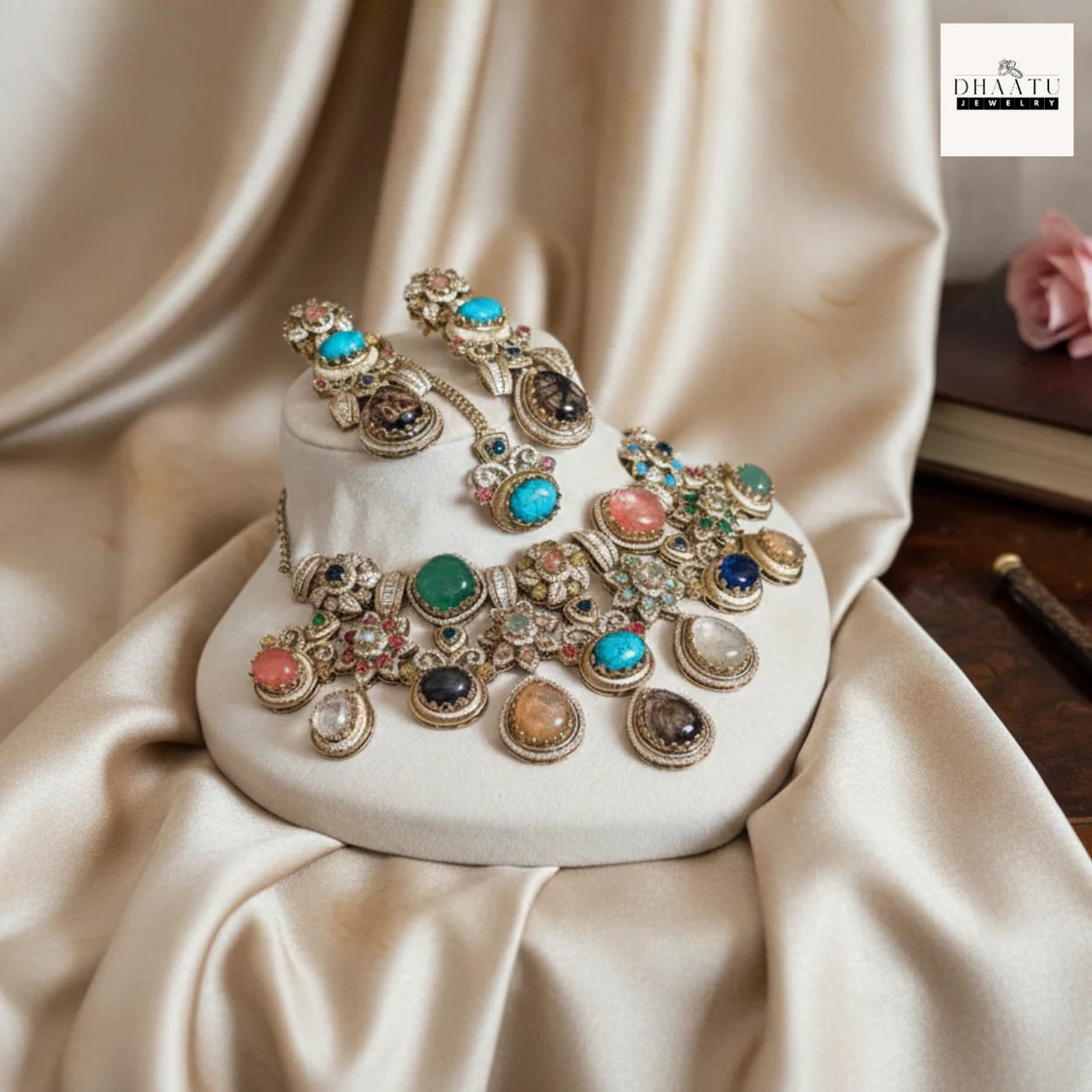 Antique Brass Choker Set with Multi-Color Doublet Stones – Includes Earrings & Maang Tika