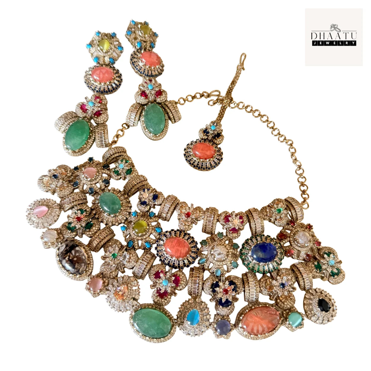 Afreen Set - Victorian Finish 4 Layered Bridal Choker Set with Multi-Color Doublet Stones & Maang Tika