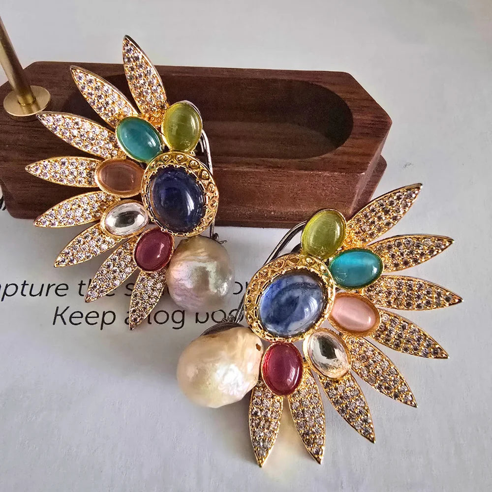 Rivaayat Handcrafted Sunburst Ear Cuffs with Baroque Pearls and Multi-Hue Cabochons