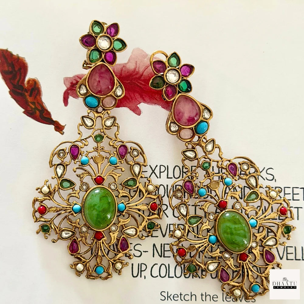 Exquisite Jadau Kundan Style Statement Earrings - Polki & Stone Work Dangler Jhumka for Weddings & Festive Wear