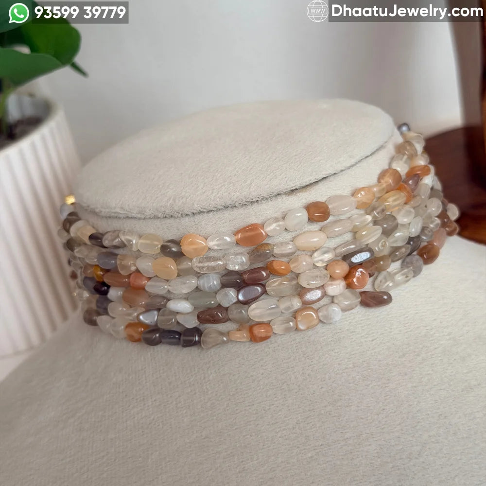 Multi-Color Moonstone 6-Layer Natural Stone Choker Necklace - Earthy Peach, Grey & Cream Tumbled Beads (23cm x 4.5cm)