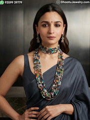 Multi-Color Natural Mixed Gemstone 2-Piece Jewelry Set: 6-Layer Choker & 60cm Matinee Long Necklace with Side Pendant