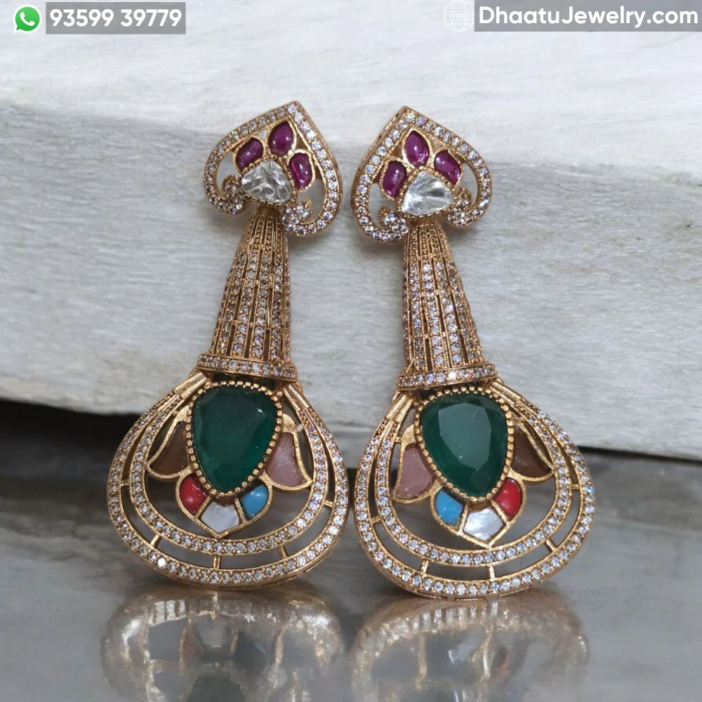 Handcrafted Moissanite Polki Long Dangle Earrings with Multi-Color Doublet Gemstones in 18K Gold Plating - Traditional Meenakari Inspired Statement Drops