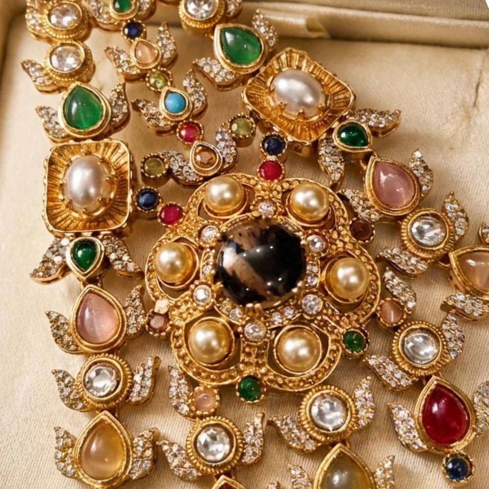 Kundan Passa – Traditional Jhumar Hair Accessory with Pearl Droplets & Multicolor Stones