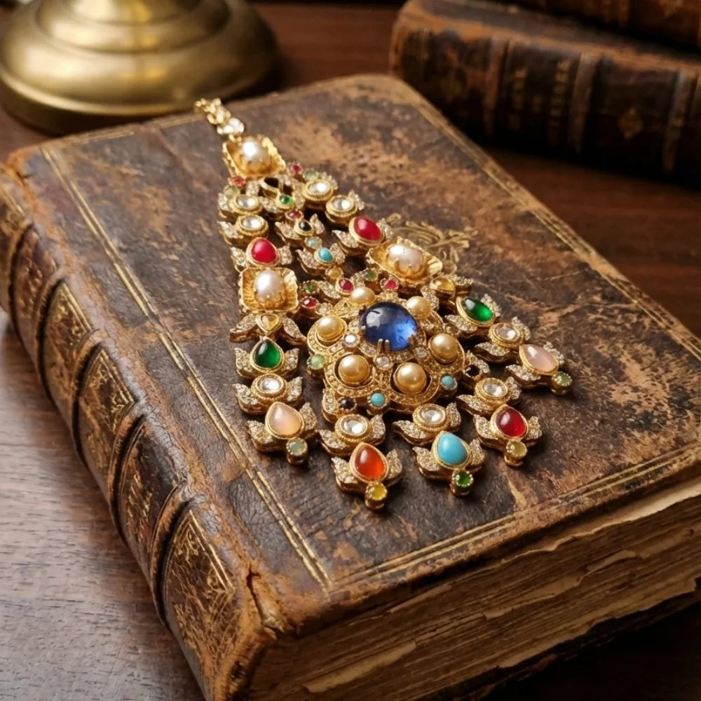 Kundan Passa – Traditional Jhumar Hair Accessory with Pearl Droplets & Multicolor Stones