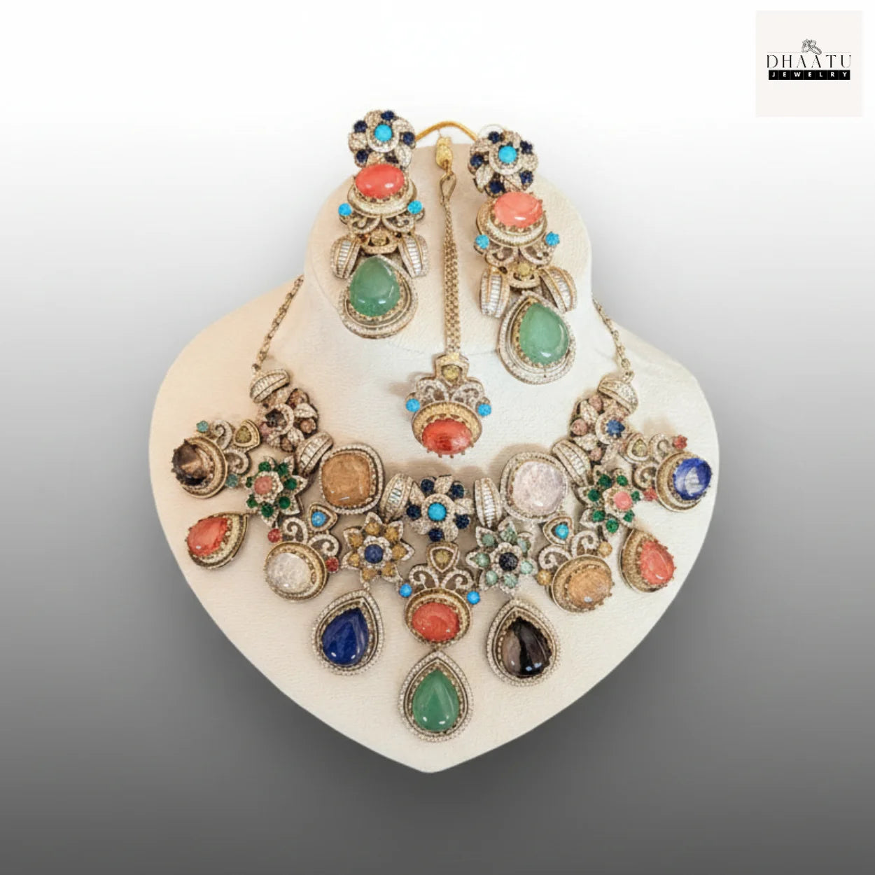 Antique Brass Choker Set with Multi-Color Doublet Stones – Includes Earrings & Maang Tika