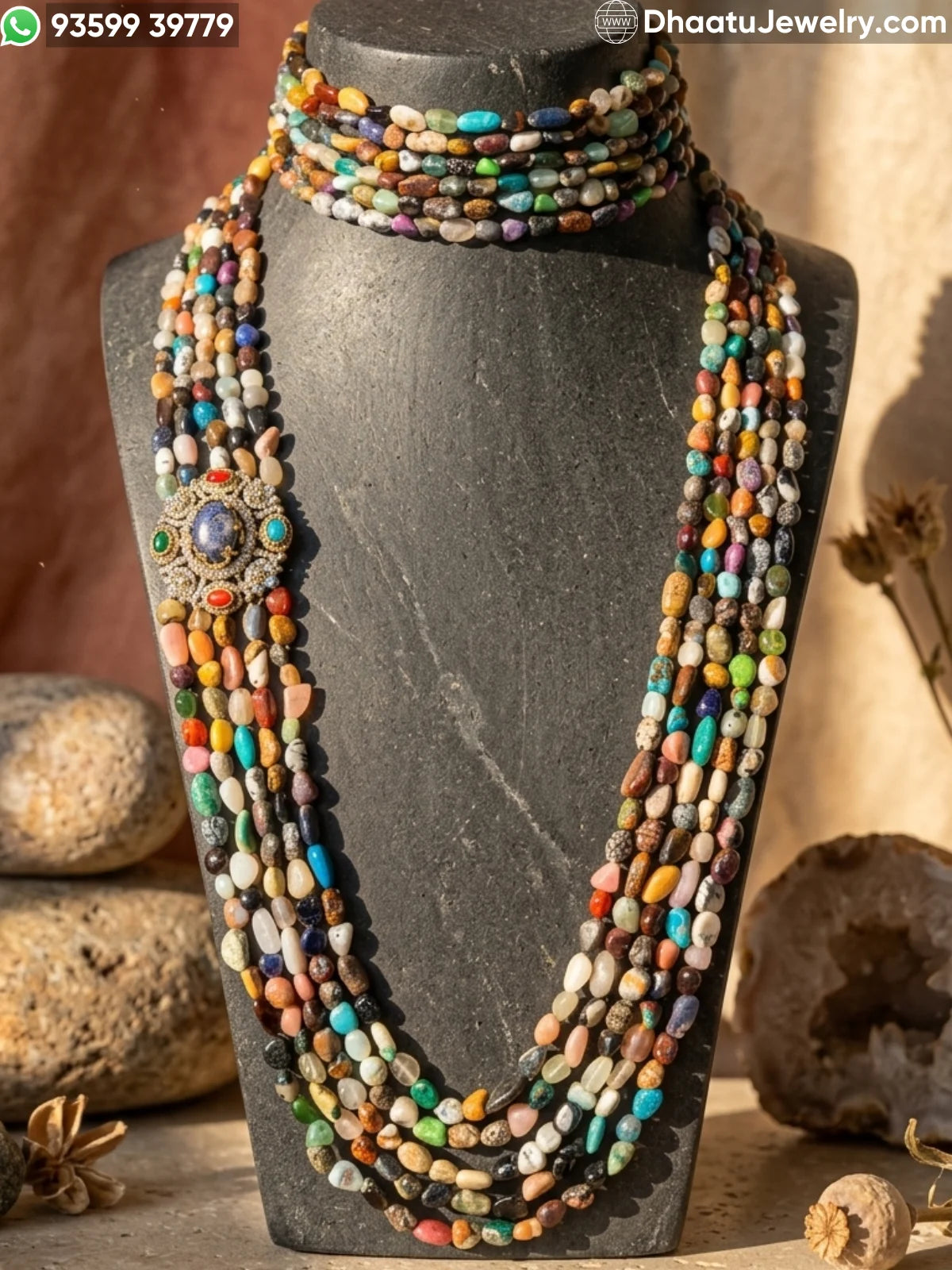 Multi-Color Natural Mixed Gemstone 2-Piece Jewelry Set: 6-Layer Choker & 60cm Matinee Long Necklace with Side Pendant