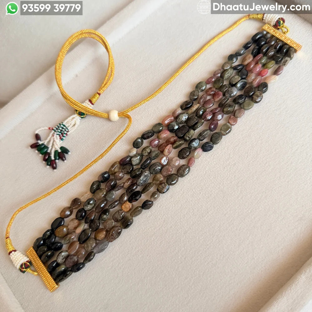 6-Layer Multi-Color Natural Tourmaline Stone Bead Choker Necklace - Handcrafted Earthy Green & Pink Statement Jewelry (4.5cm x 23cm)