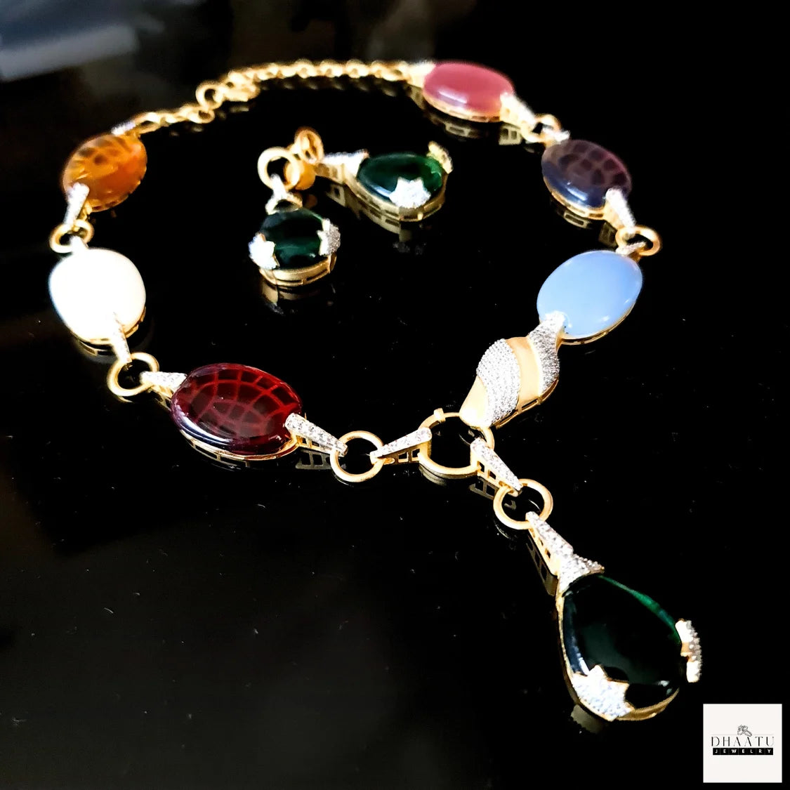 Designer Inspired Multi-Color Carved Stone Gold-Tone Statement Necklace & Earring Set