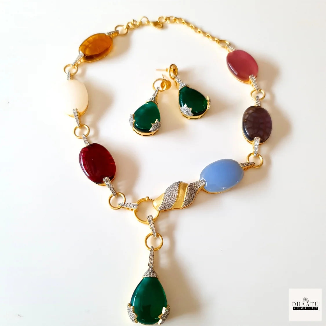 Designer Inspired Multi-Color Carved Stone Gold-Tone Statement Necklace & Earring Set