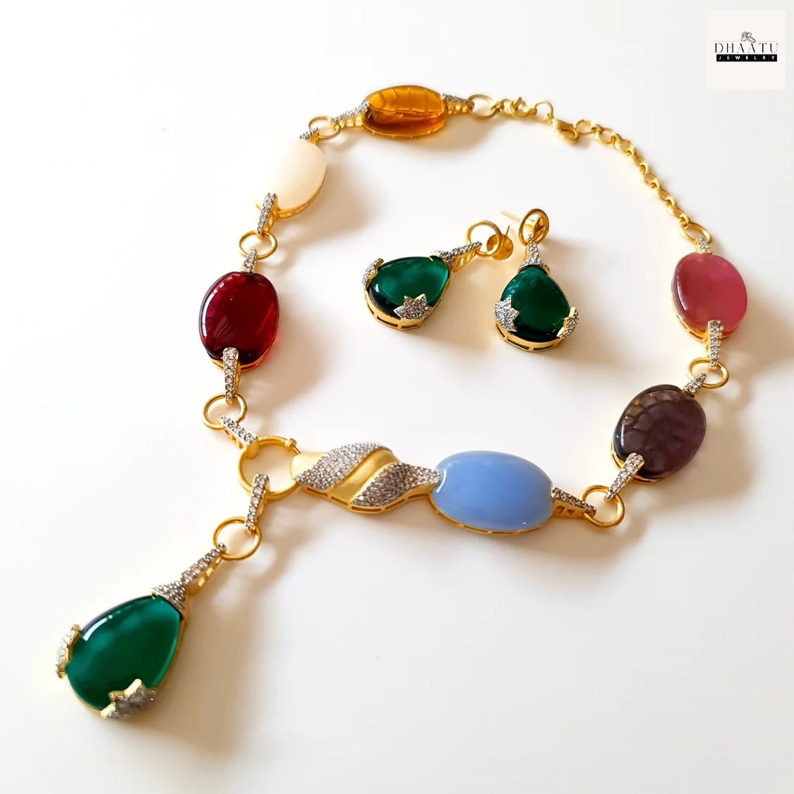 Designer Inspired Multi-Color Carved Stone Gold-Tone Statement Necklace & Earring Set