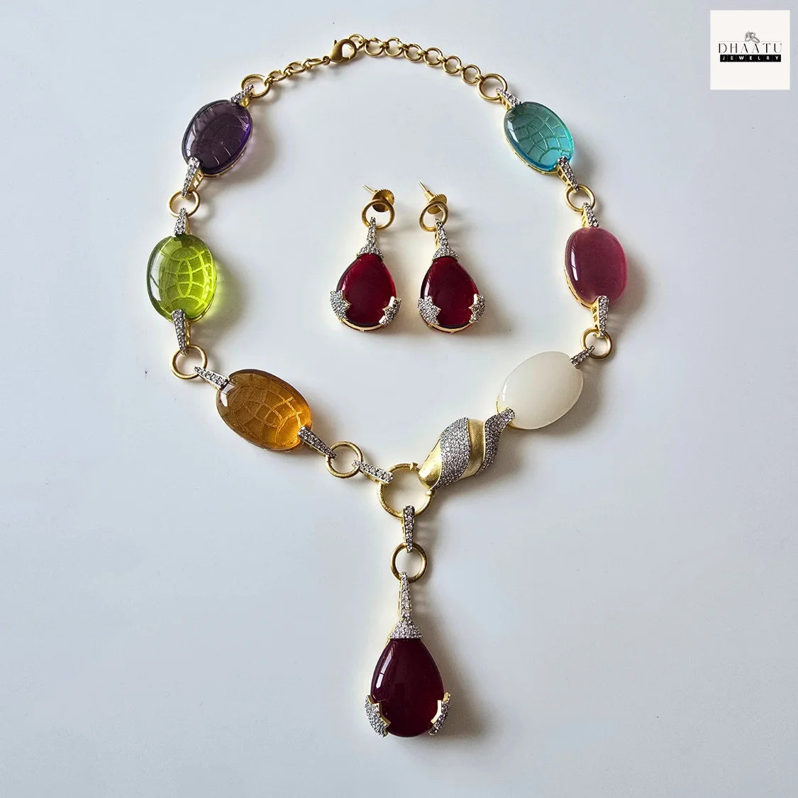 Designer Inspired Multi-Color Carved Stone Gold-Tone Statement Necklace & Earring Set