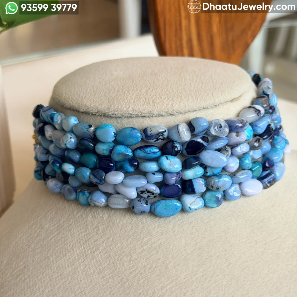 Handcrafted 6-Layer Blue Agate Natural Stone Choker Necklace | 4.5cm Wide & 23cm Long Beaded Statement Jewelry