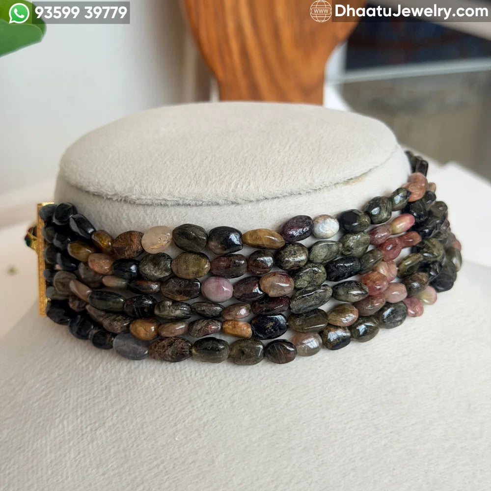 6-Layer Multi-Color Natural Tourmaline Stone Bead Choker Necklace - Handcrafted Earthy Green & Pink Statement Jewelry (4.5cm x 23cm)