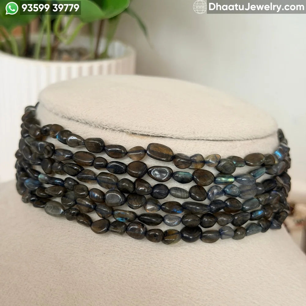 Natural Labradorite 6-Layer Multi-Strand Bead Choker Necklace | Iridescent Grey Statement Jewelry | 4.5cm x 23cm