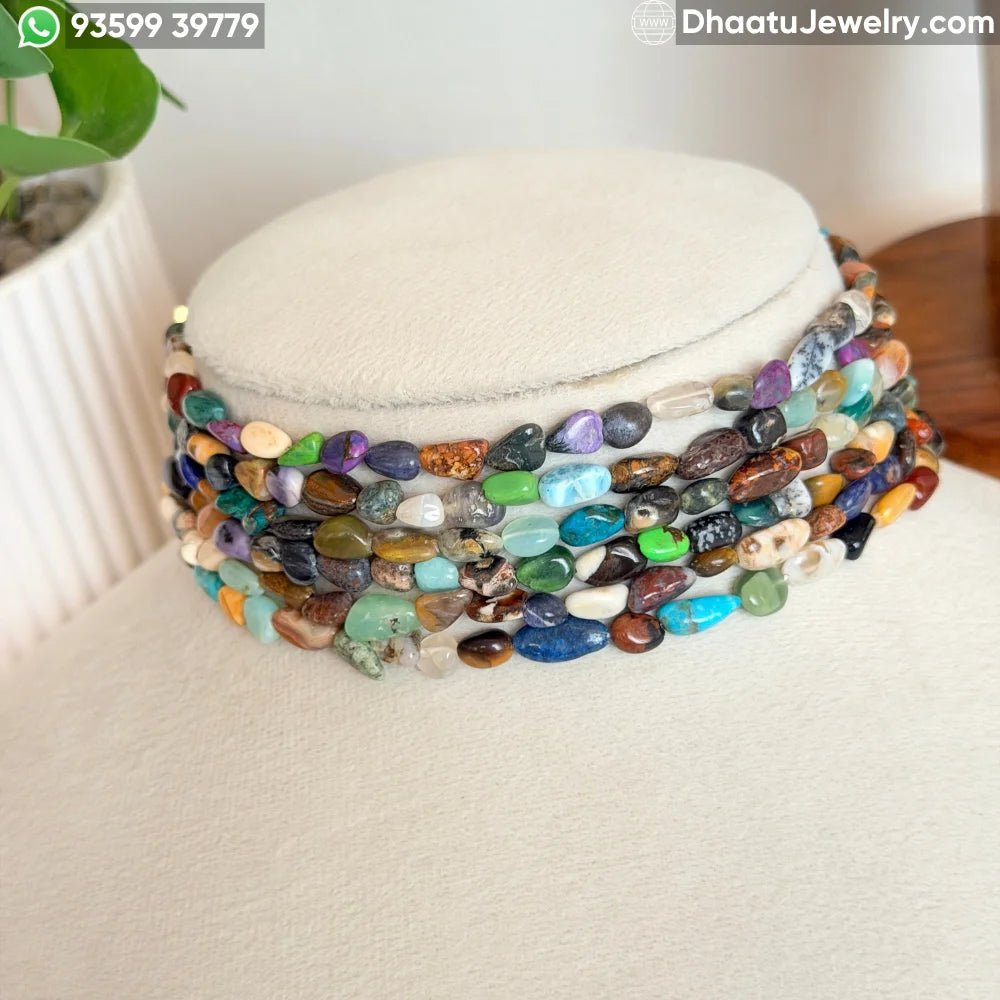 Multicolor Mixed Natural Semi-Precious Gemstone 6-Layer Choker Necklace | 4.5cm Wide Handcrafted Tumble Stone Bead Jewelry