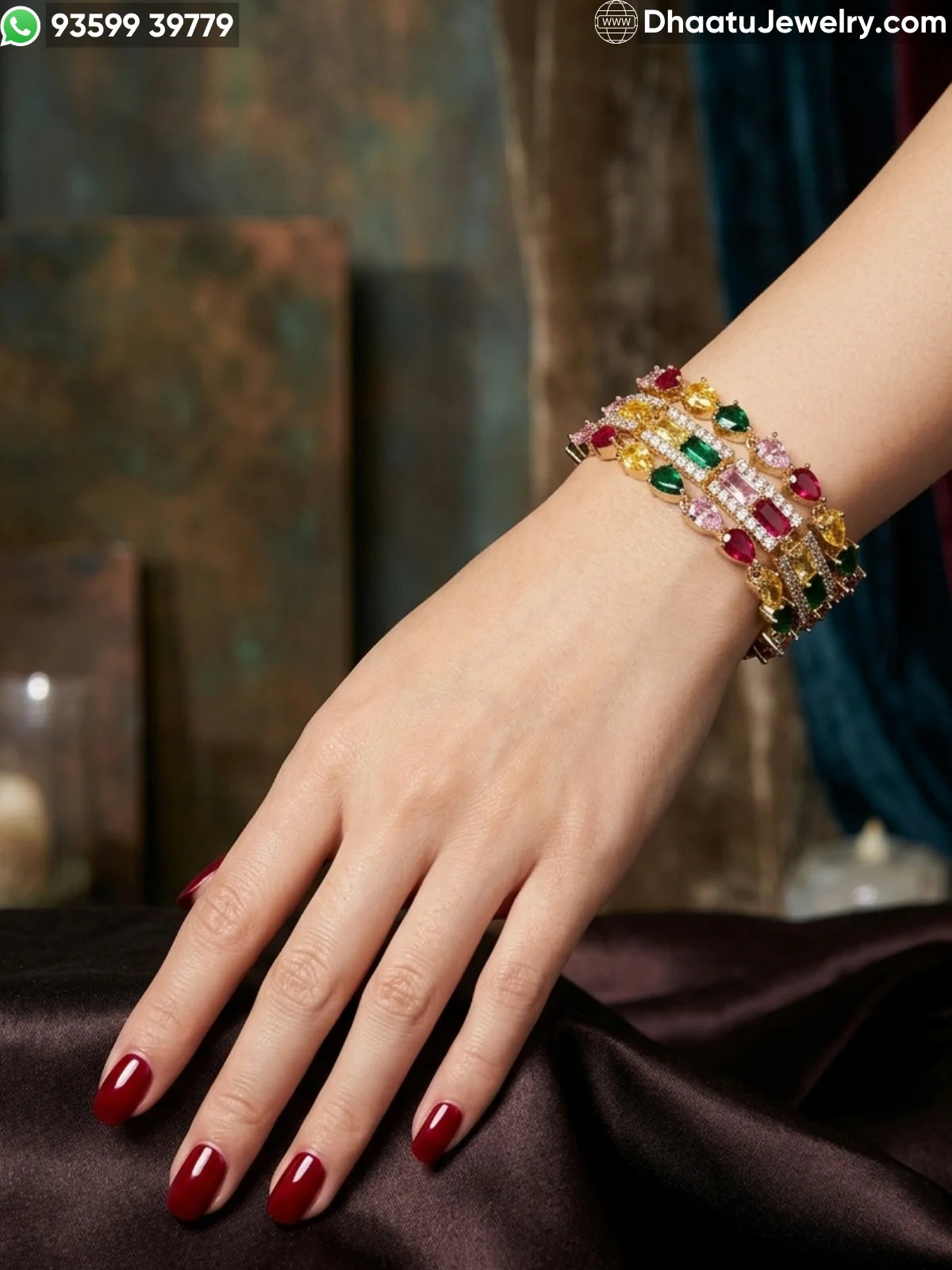 Multicolor Navette & Baguette CZ Triple-Row Bracelet in 18K Gold Plating – 18cm to 21cm Adjustable Length