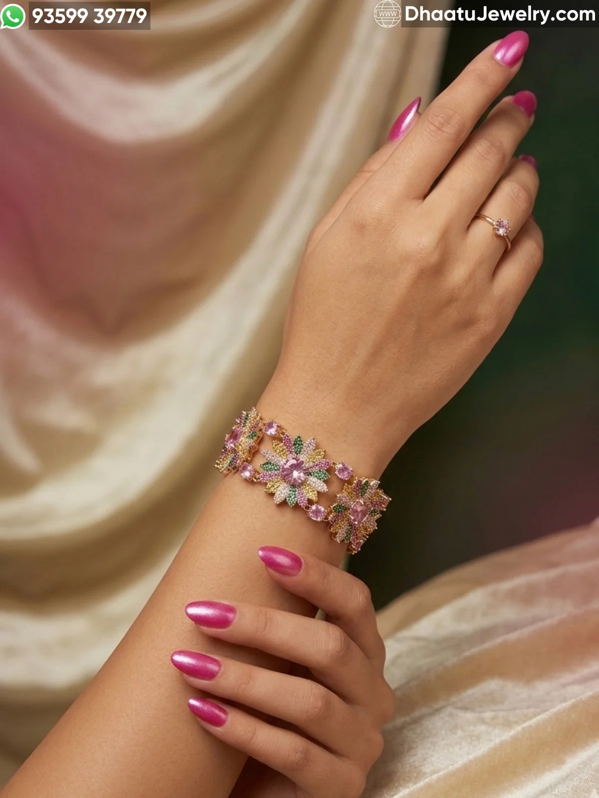 Floral Burst 18k Gold Plated Adjustable Bracelet - Zirconia Sunflower Link Design in Multicolor, Canary Yellow, and Ruby Pink (18-21cm)