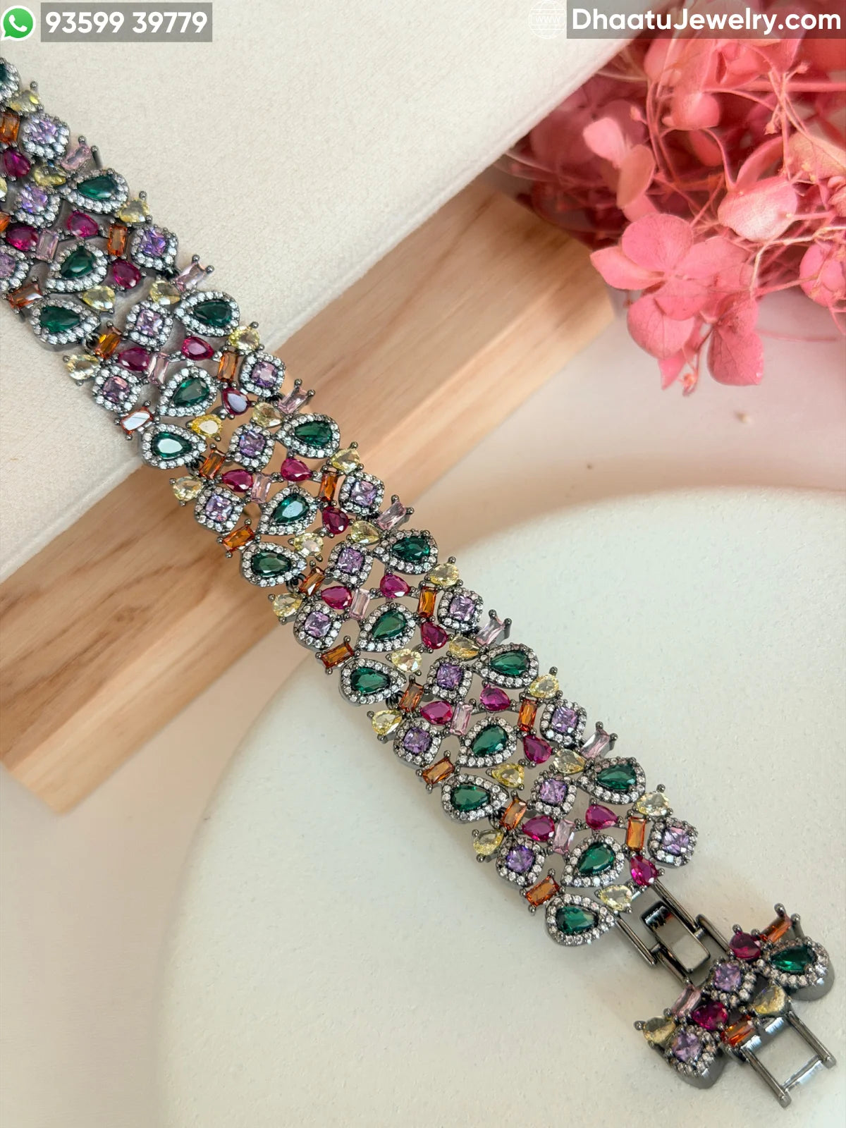 Multicolor Pear-Cut Cubic Zirconia Statement Bracelet - 18cm to 21cm Extendable - Available in Gold & Black Rhodium Finish