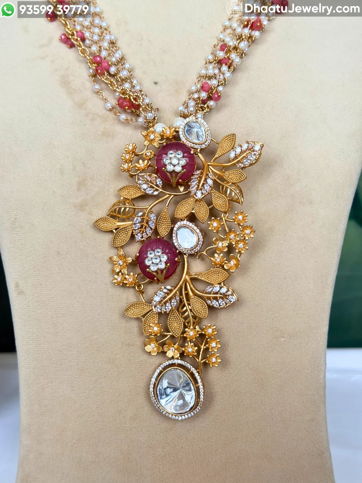Gold-Finished Brass Floral Kundan & Pearl Layered Necklace Set with Matching Earrings