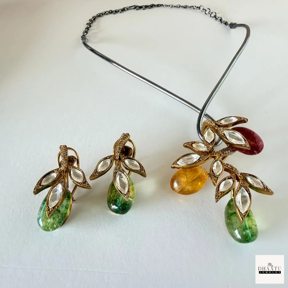 Handcrafted Kundan Leaf Motif Hasli Torque Necklace & Earring Set – 6 Colors