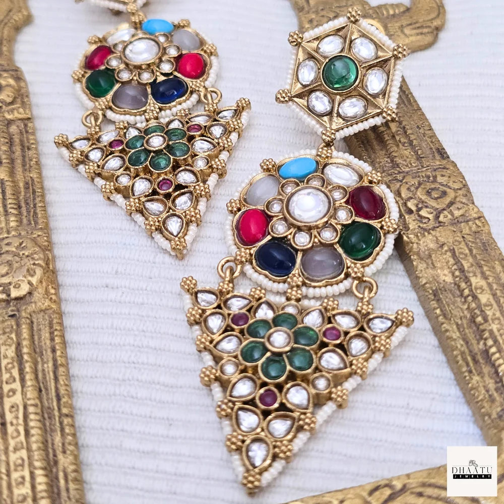 Exquisite Polki & Multicolored Kundan Stone Victorian Drop Earrings - Statement Earrings
