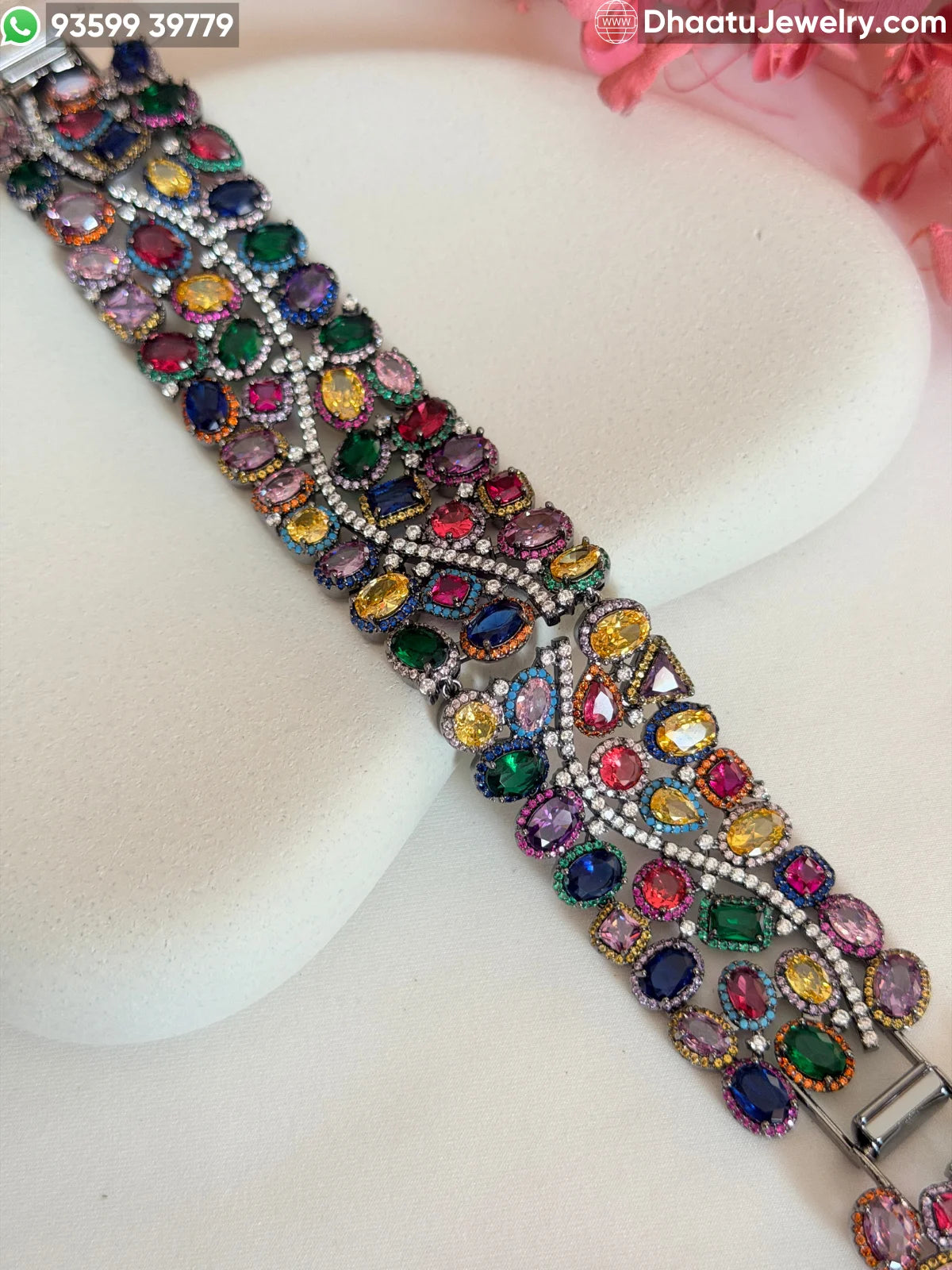 Multicolor Crystal Oval-Cut Statement Bracelet - 18cm to 21cm Extendable - Available in Pastel Pink, Emerald Green, Sapphire Blue, and Rainbow Mix