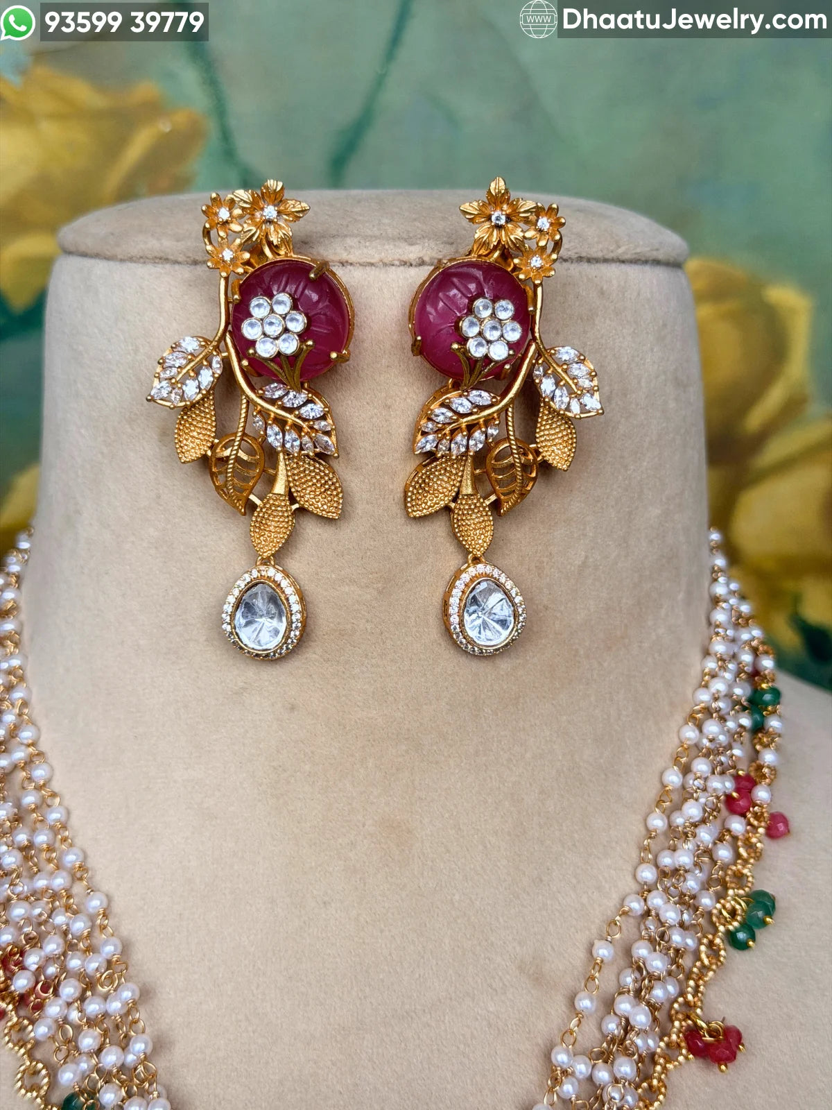 Gold-Finished Brass Floral Kundan & Pearl Layered Necklace Set with Matching Earrings