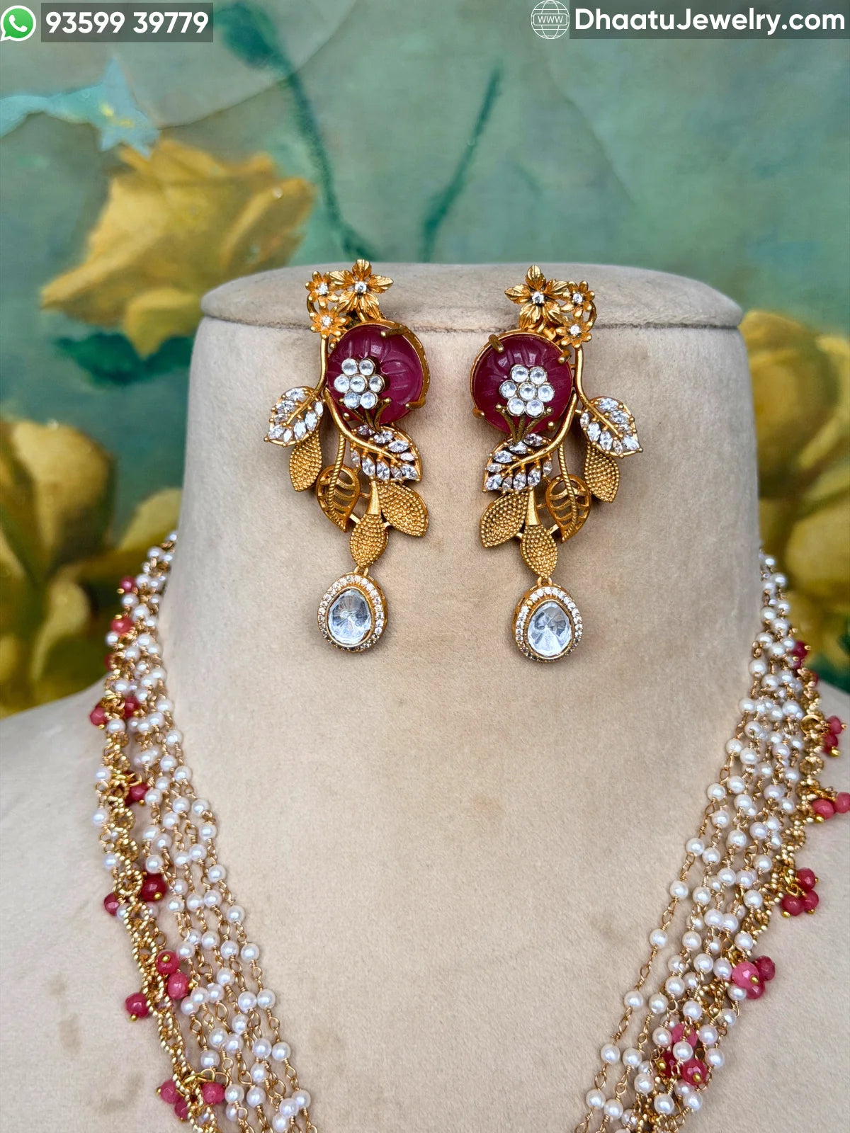 Gold-Finished Brass Floral Kundan & Pearl Layered Necklace Set with Matching Earrings