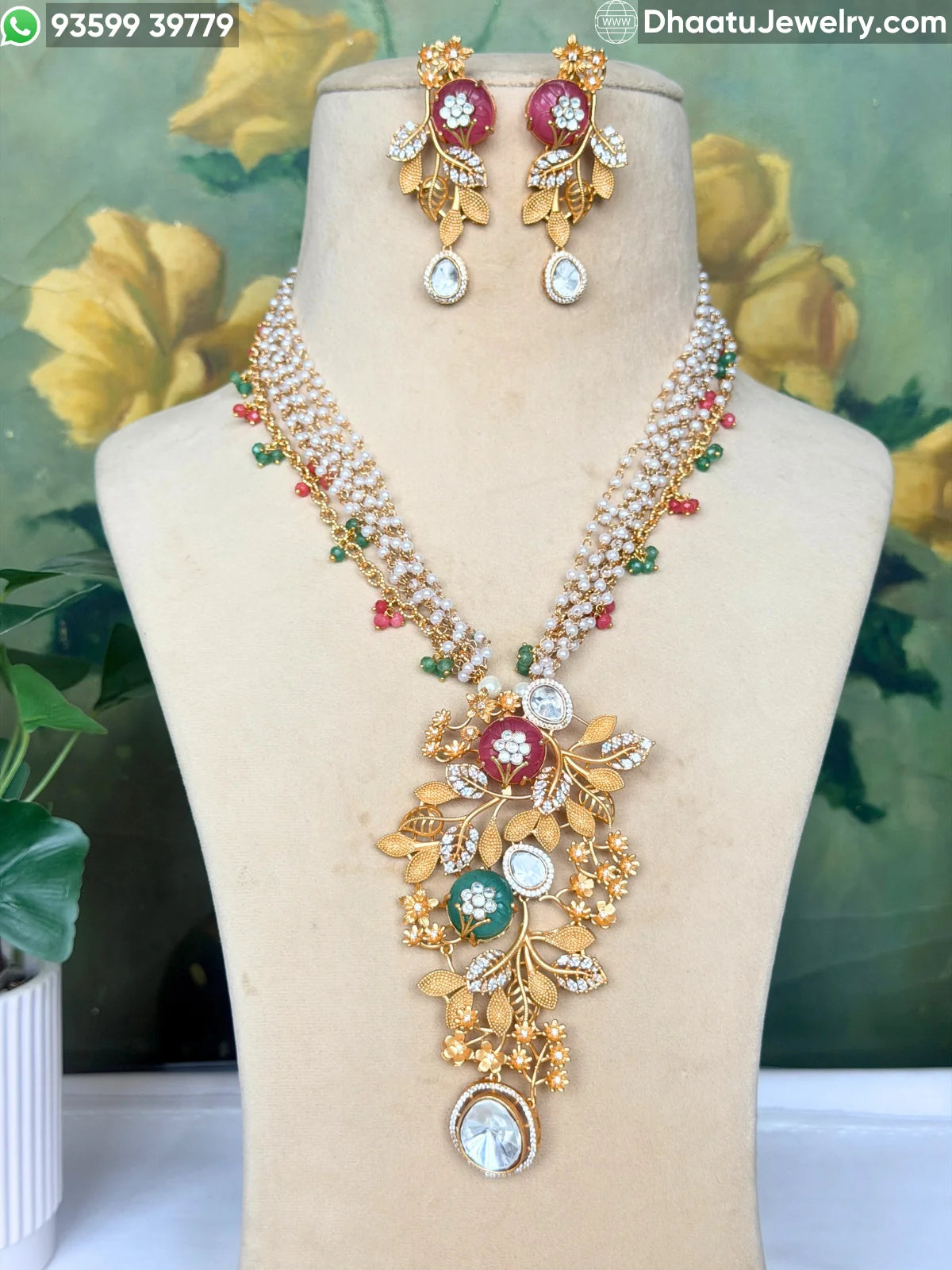 Gold-Finished Brass Floral Kundan & Pearl Layered Necklace Set with Matching Earrings