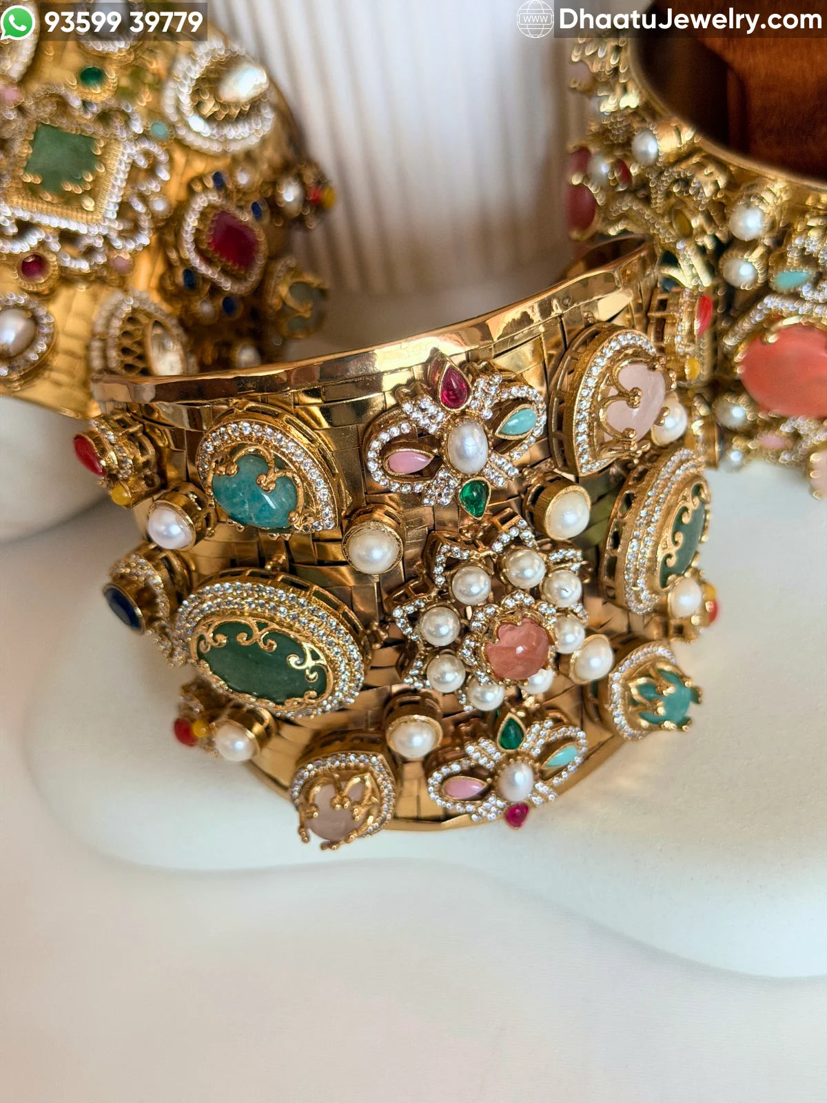 Sabyasachi Inspired Wide Brass Cuff Bracelet with Multicolored Doublet Stones & Gold Plating – Royal Statement Kada