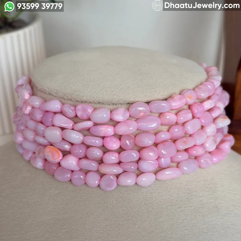 Natural Pink Opal 6-Layer Beaded Choker Necklace - 4.5cm Wide Adjustable Statement Jewelry