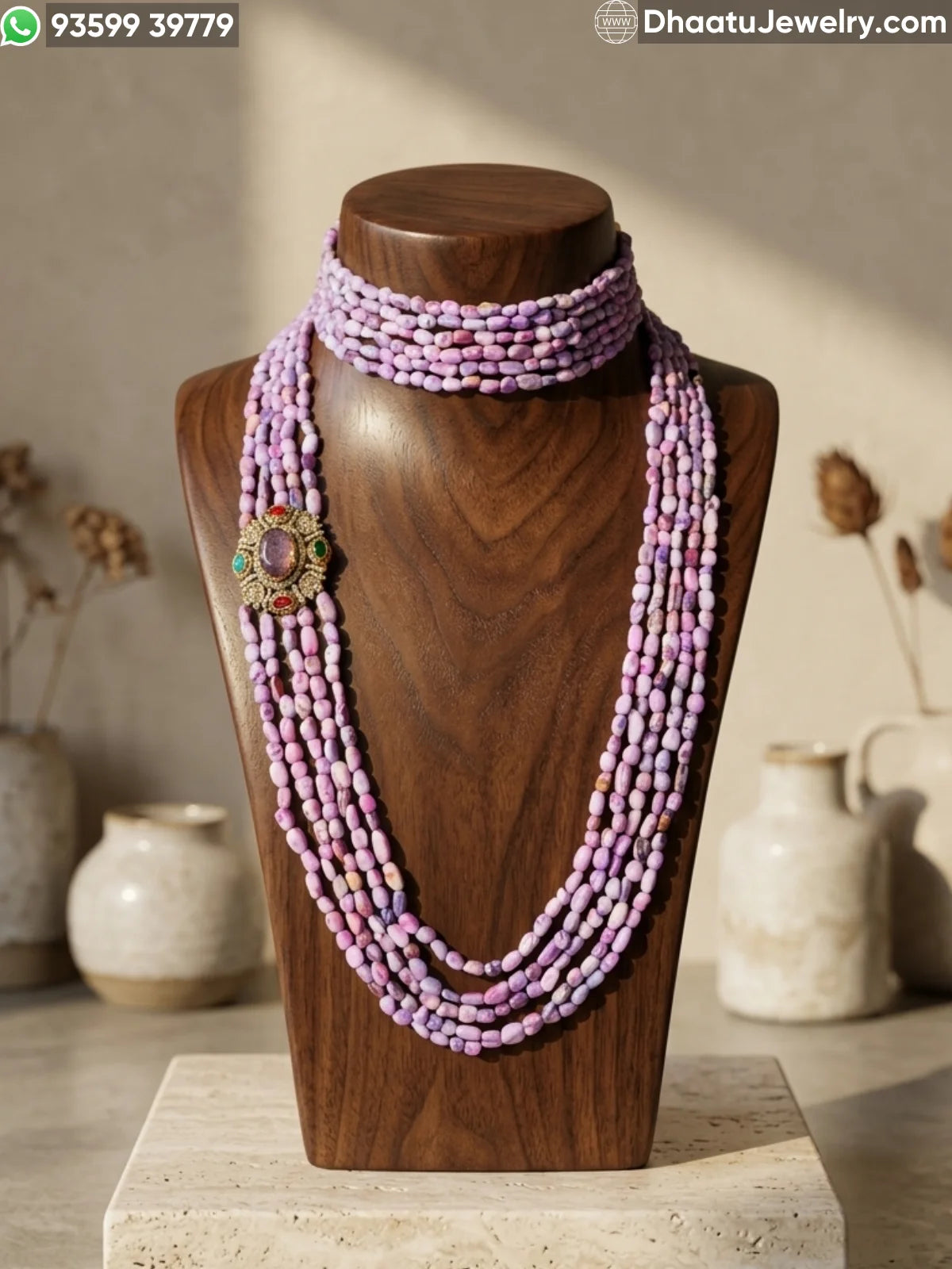 Lavender Phosphosiderite Natural Stone Jewelry Combo: 6-Layer Choker (23cm) & 5-Layer Matinee Necklace (60cm) with Side-Mounted Gemstone Pendant