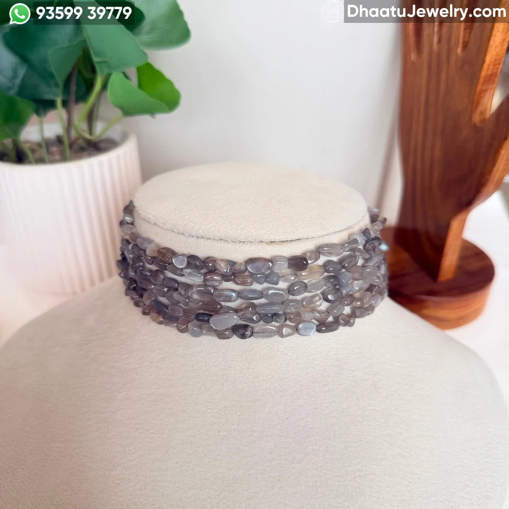 6-Layer Grey Moonstone Natural Stone Beaded Choker Necklace - 4.5cm Wide Handcrafted Smokey Grey Statement Jewelry