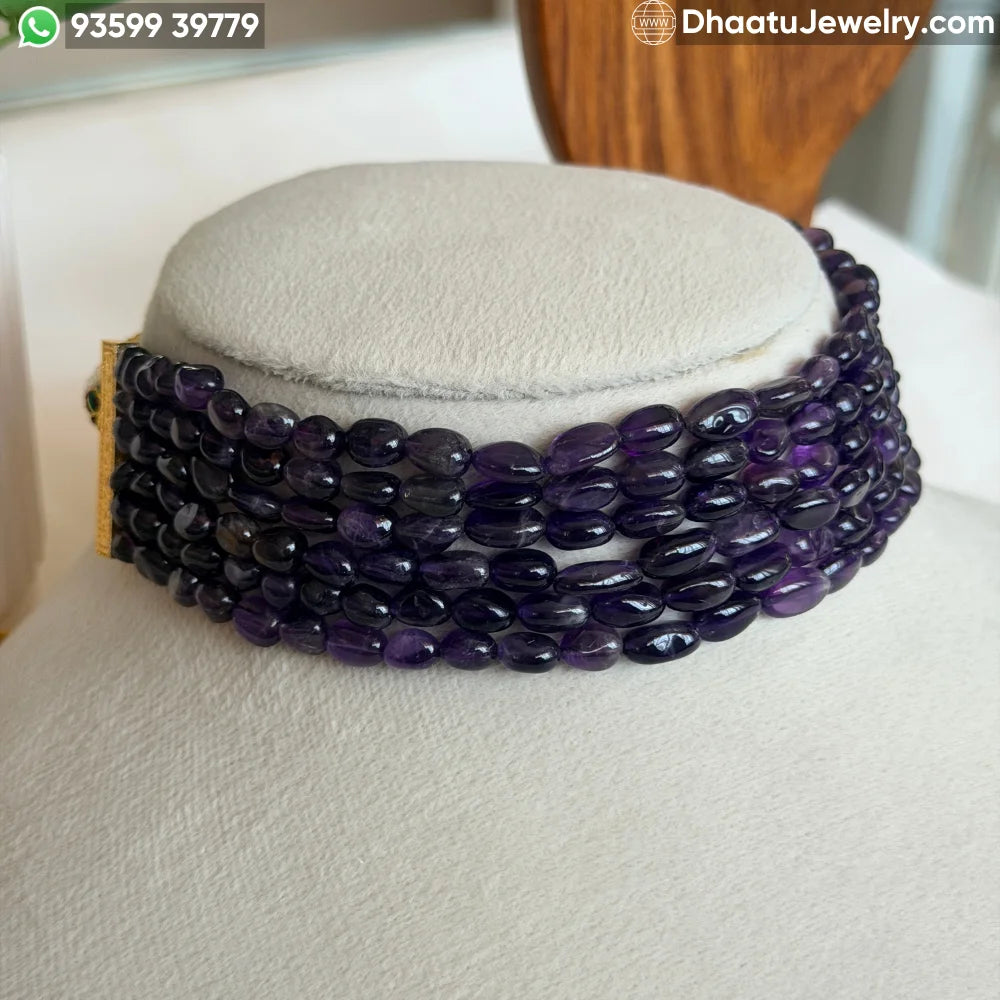 Elegant 6-Layer Natural Amethyst Bead Choker Necklace – 23cm Purple Gemstone Statement Jewelry