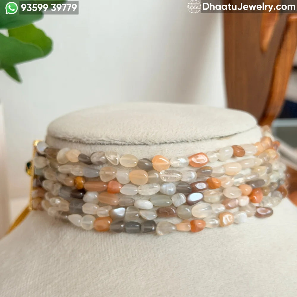 Multi-Color Moonstone 6-Layer Natural Stone Choker Necklace - Earthy Peach, Grey & Cream Tumbled Beads (23cm x 4.5cm)