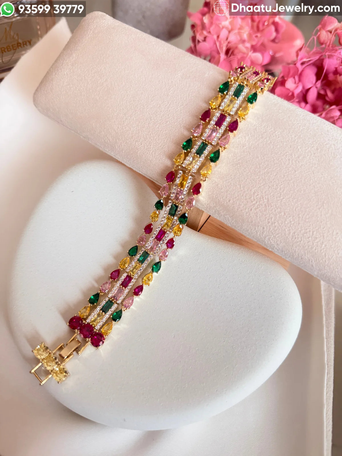 Multicolor Navette & Baguette CZ Triple-Row Bracelet in 18K Gold Plating – 18cm to 21cm Adjustable Length