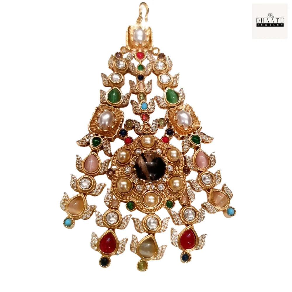 Kundan Passa – Traditional Jhumar Hair Accessory with Pearl Droplets & Multicolor Stones