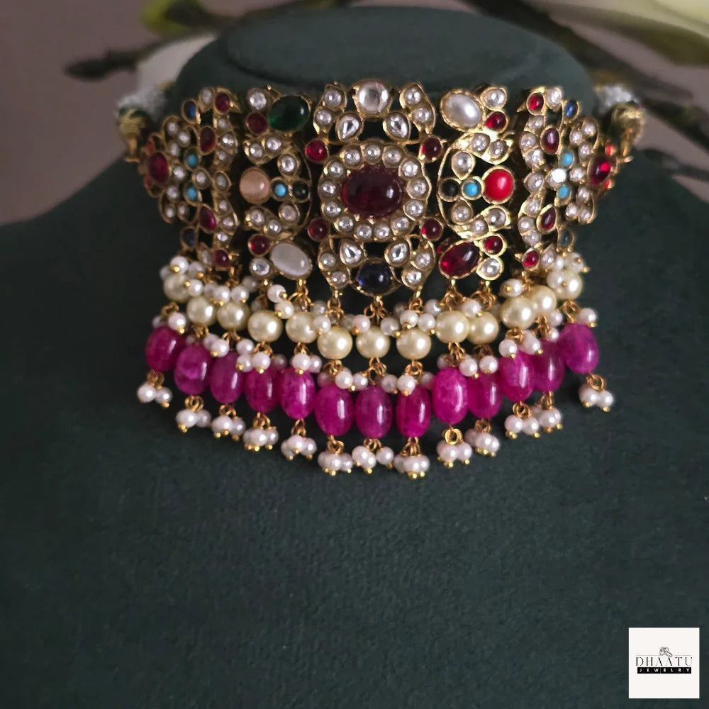 Handcrafted Navratna Kundan Choker Set with Natural Gemstones & Pearl Drops