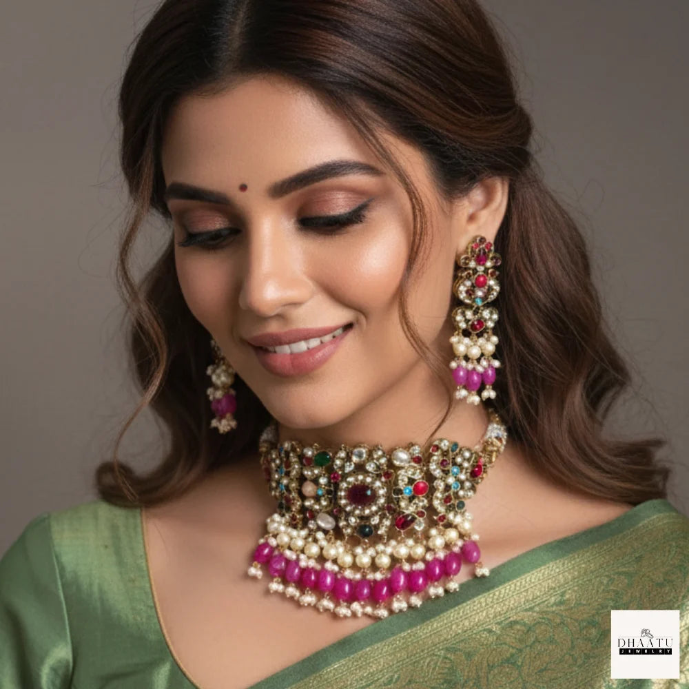 Handcrafted Navratna Kundan Choker Set with Natural Gemstones & Pearl Drops