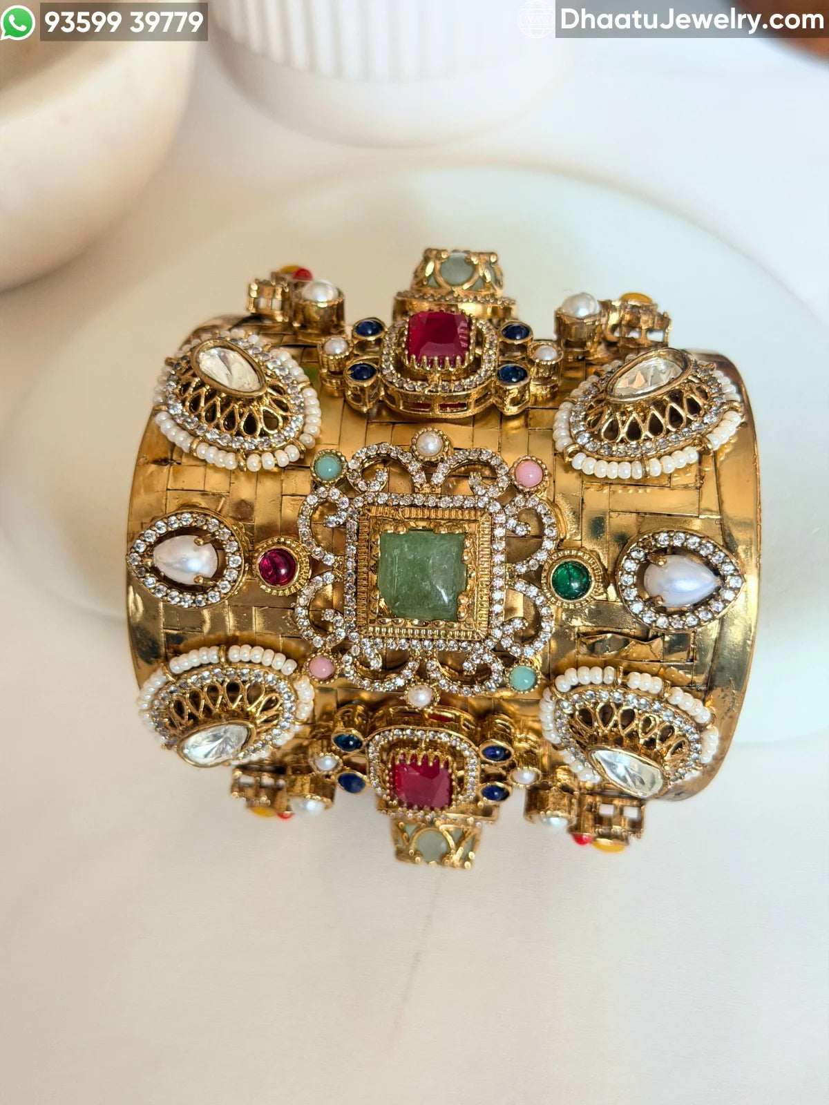 Sabyasachi-Inspired Navratna Multi-Stone Wide Cuff Bracelet | Gold-Plated Brass Statement Kada