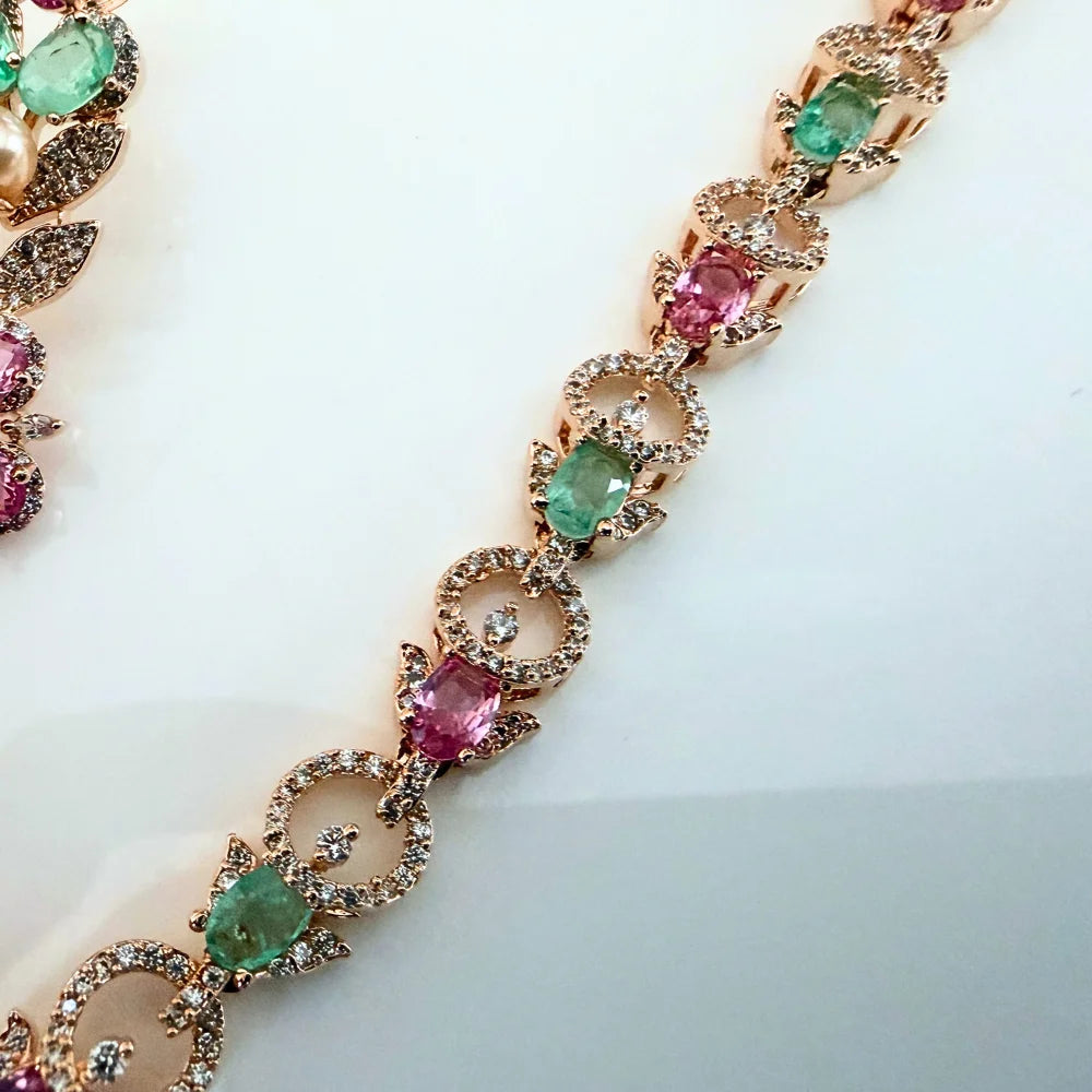 Gulnaar Floral Rose Gold Necklace Set with Pink & Mint Stones and Pearls