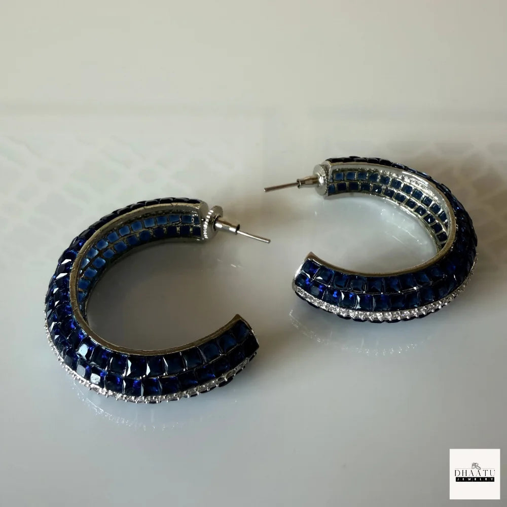 Royal Blue Princess-Cut Statement Hoops with Cubic Zirconia Accents – Silver Plated