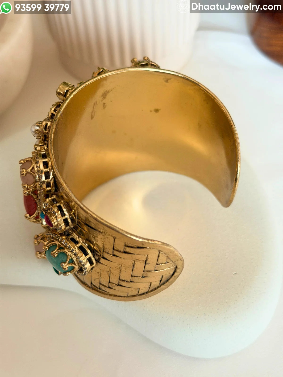 Sabyasachi-Inspired Wide Gold-Plated Brass Cuff Bracelet with Multicolor Doublet Stones & Pearls
