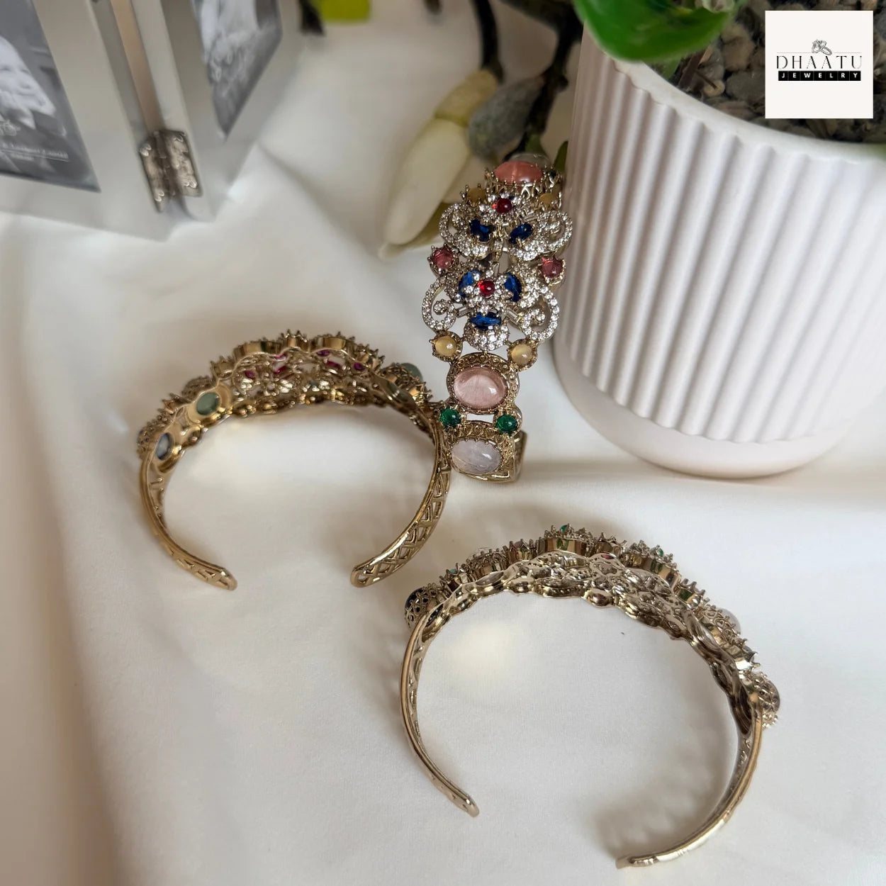 Rivaayat Antique Victorian Brass Cuff Bracelet with Multi-Color Doublet Stones