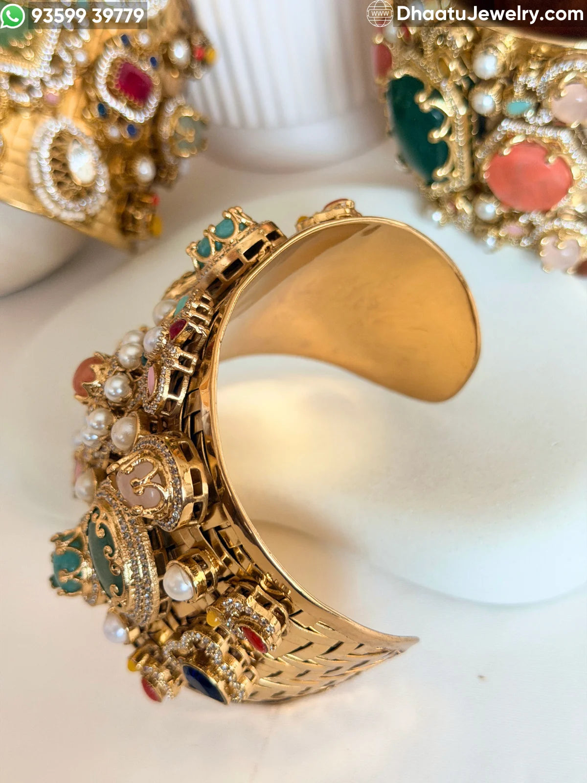 Sabyasachi Inspired Wide Brass Cuff Bracelet with Multicolored Doublet Stones & Gold Plating – Royal Statement Kada